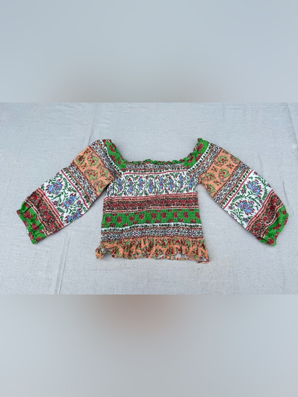 Zara Floral Smocked Off-Shoulder Top in Green and Coral